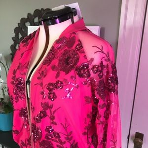 🌺 RARE Hibiscus Pink Sequin Bomber Jacket